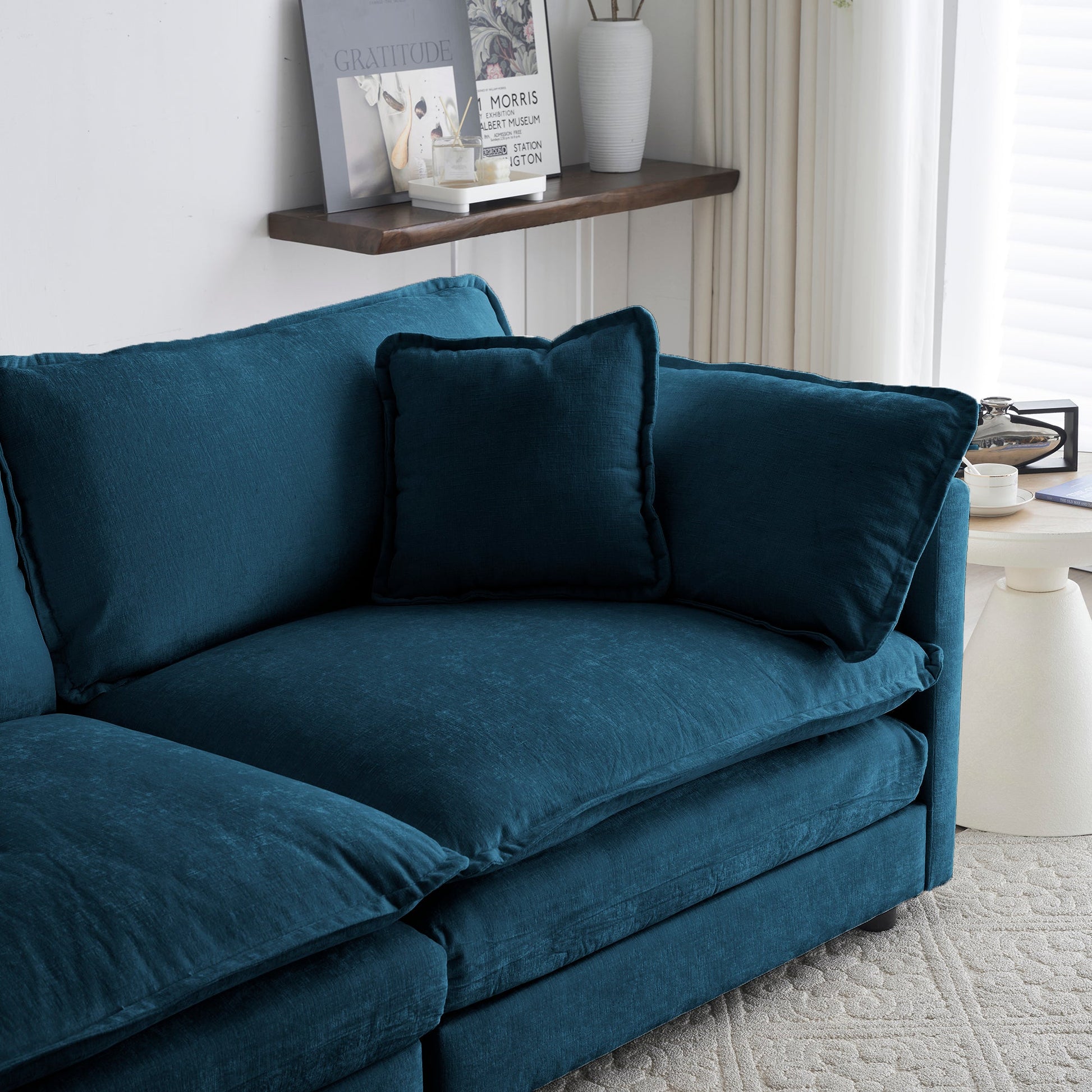 Comfy Deep Single Seat Sofa Upholstered Reading Armchair Living Room Chair Blue Chenille Fabric , 1 Toss Pillow - Korvel