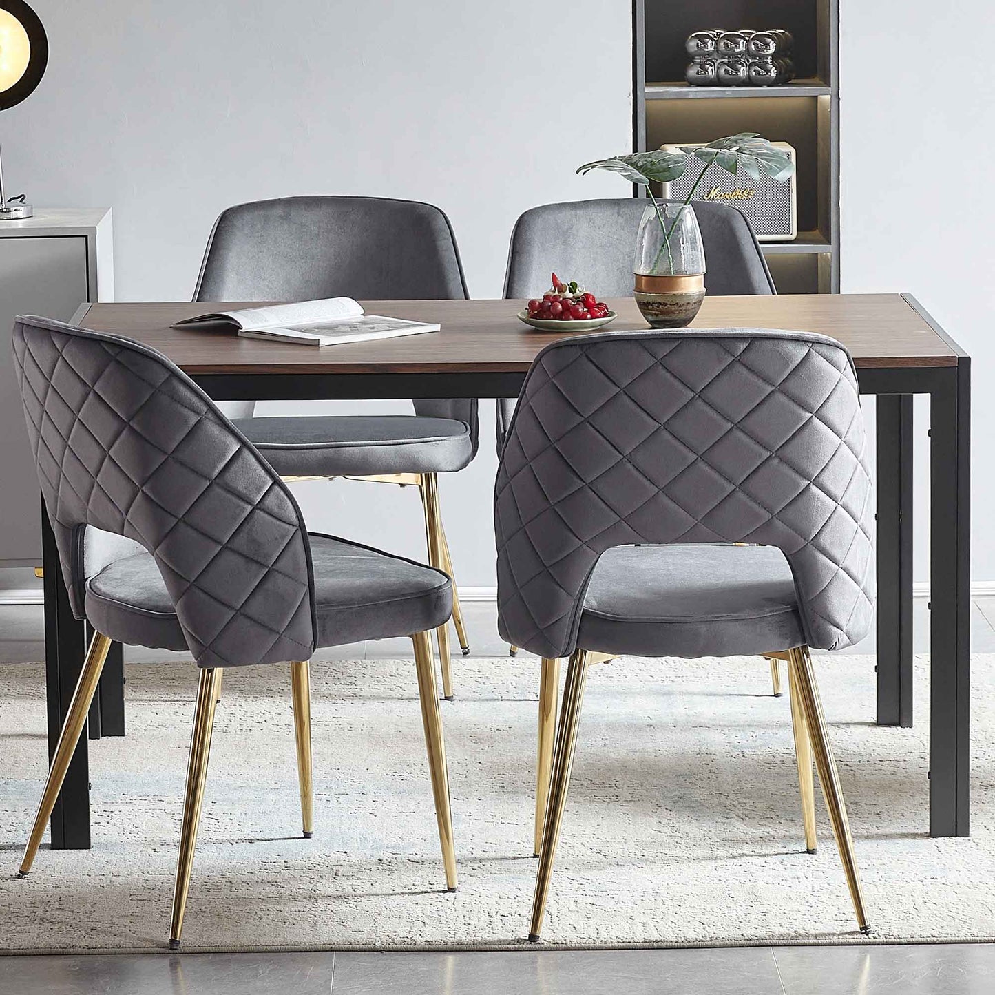 Sillas de Comedor de Terciopelo Gris con Patas de Metal - Set de 4