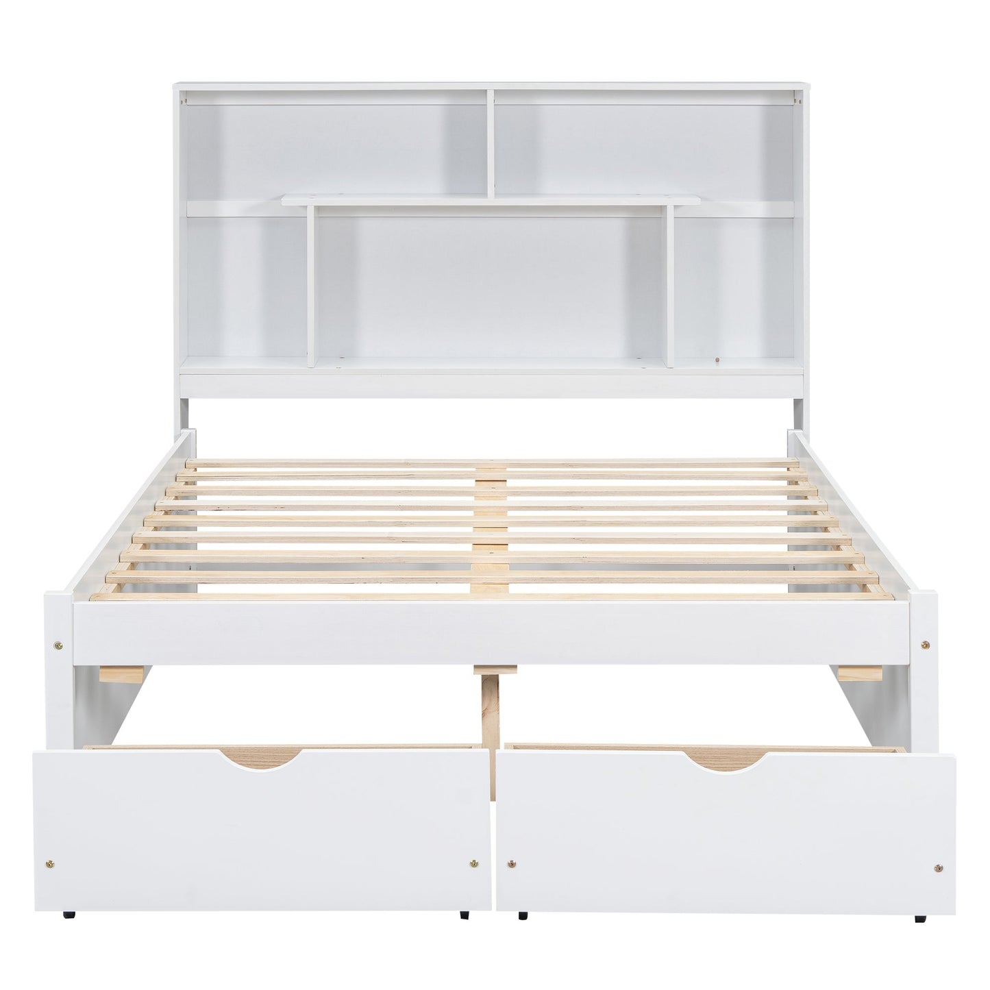 Full Size Platform Bed with Storage Headboard and 2 Drawers, White - Korvel