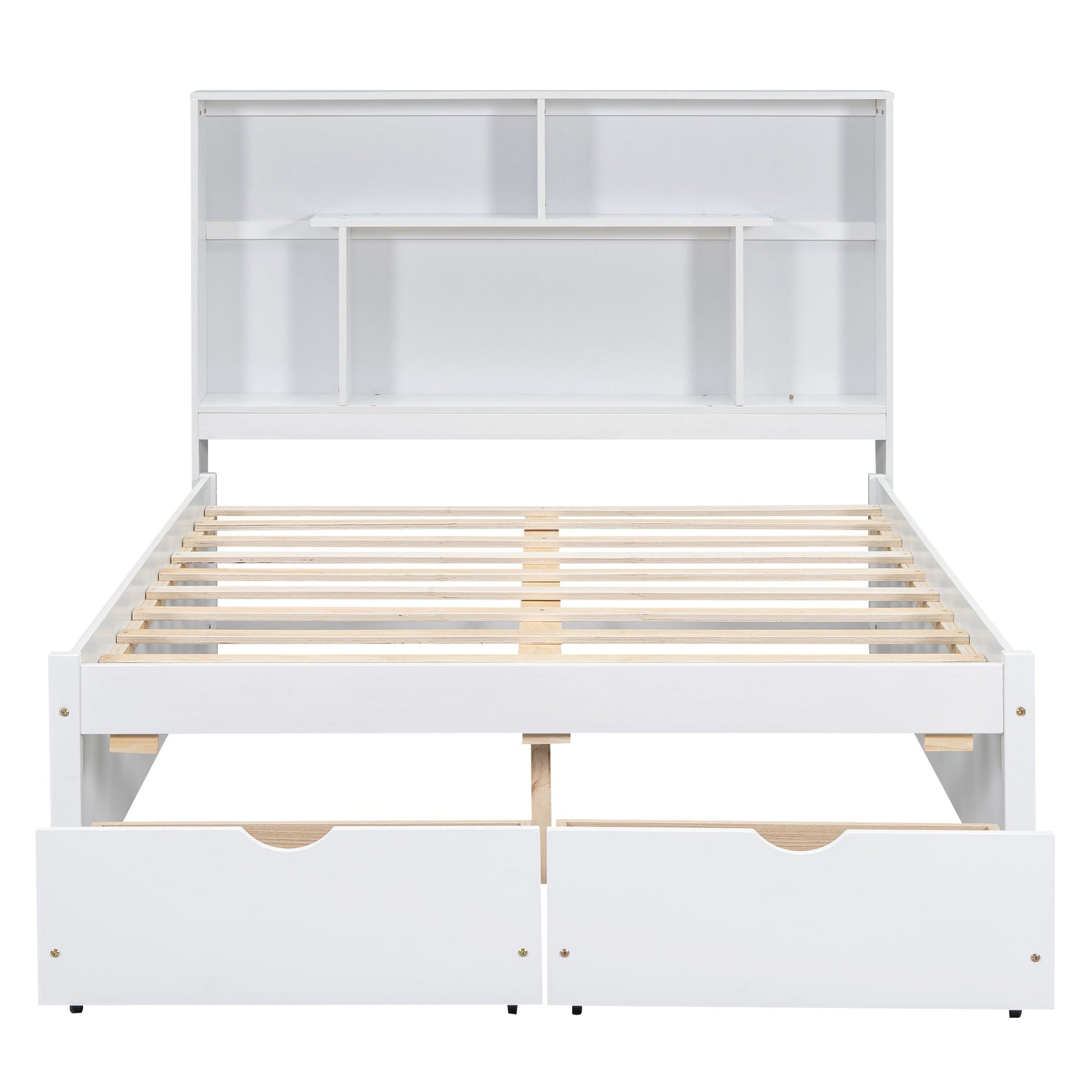 Full Size Platform Bed with Storage Headboard and 2 Drawers, White - Korvel