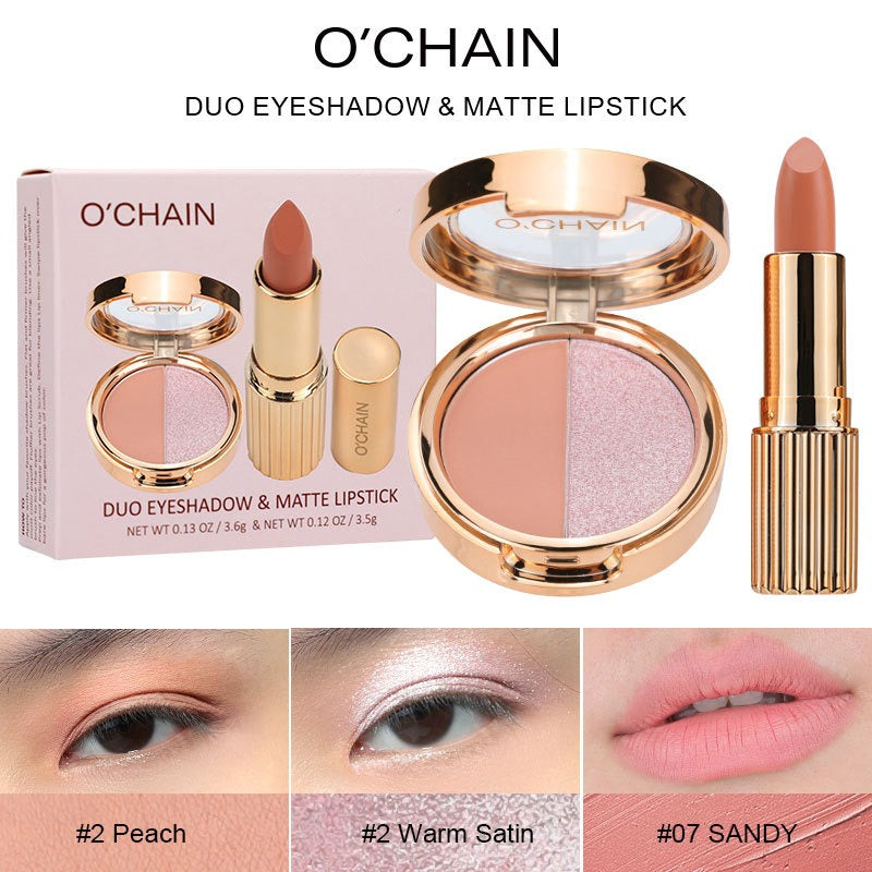 O'CHAINPearlescent two-color eyeshadow matte lipstick does not fade, non-sticky cup powdery delicate eyeshadow palette - Korvel
