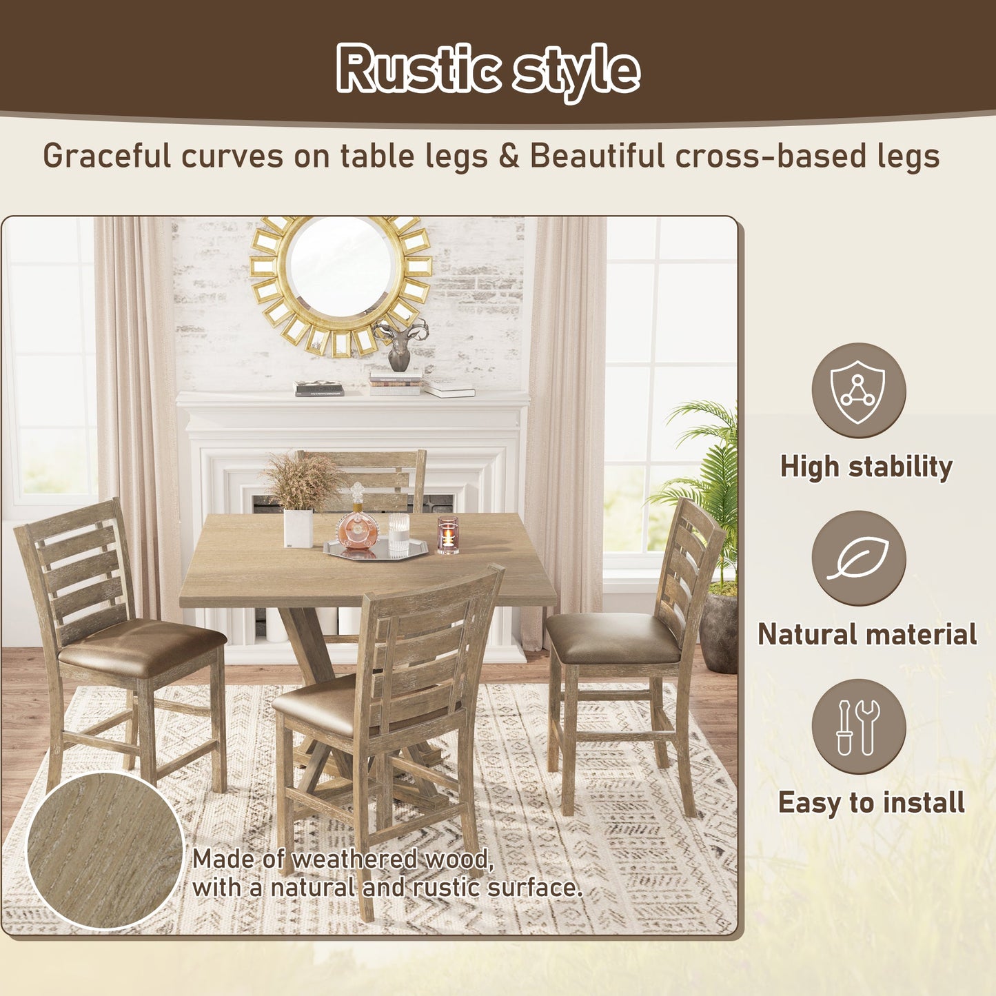 Set of 2 Dining Counter Height Chairs Modern Farmhouse Rustic Look Distressed Design Ladderback Solid Wood - Korvel