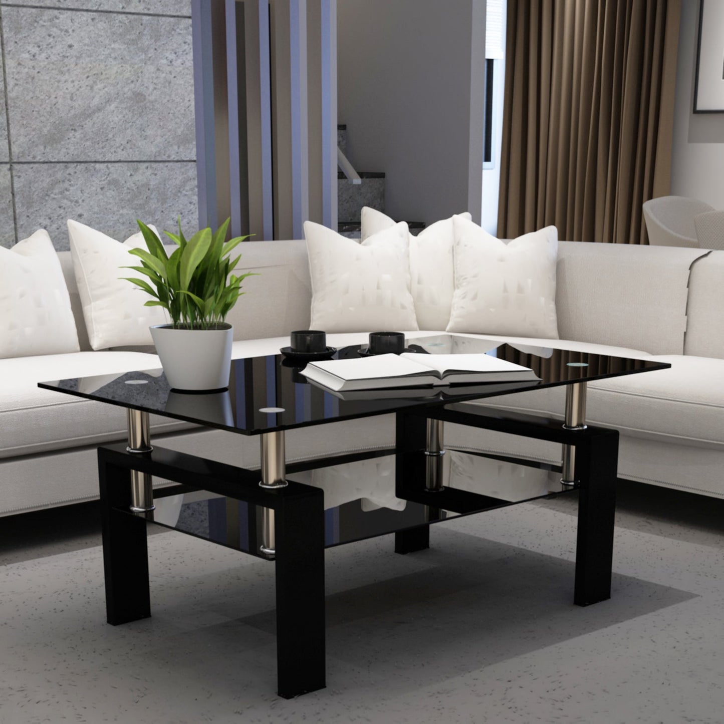 Rectangle Black Glass Coffee Table  Clear Coffee Table Modern Side Center Tables for Living Room Living Room Furniture - Korvel