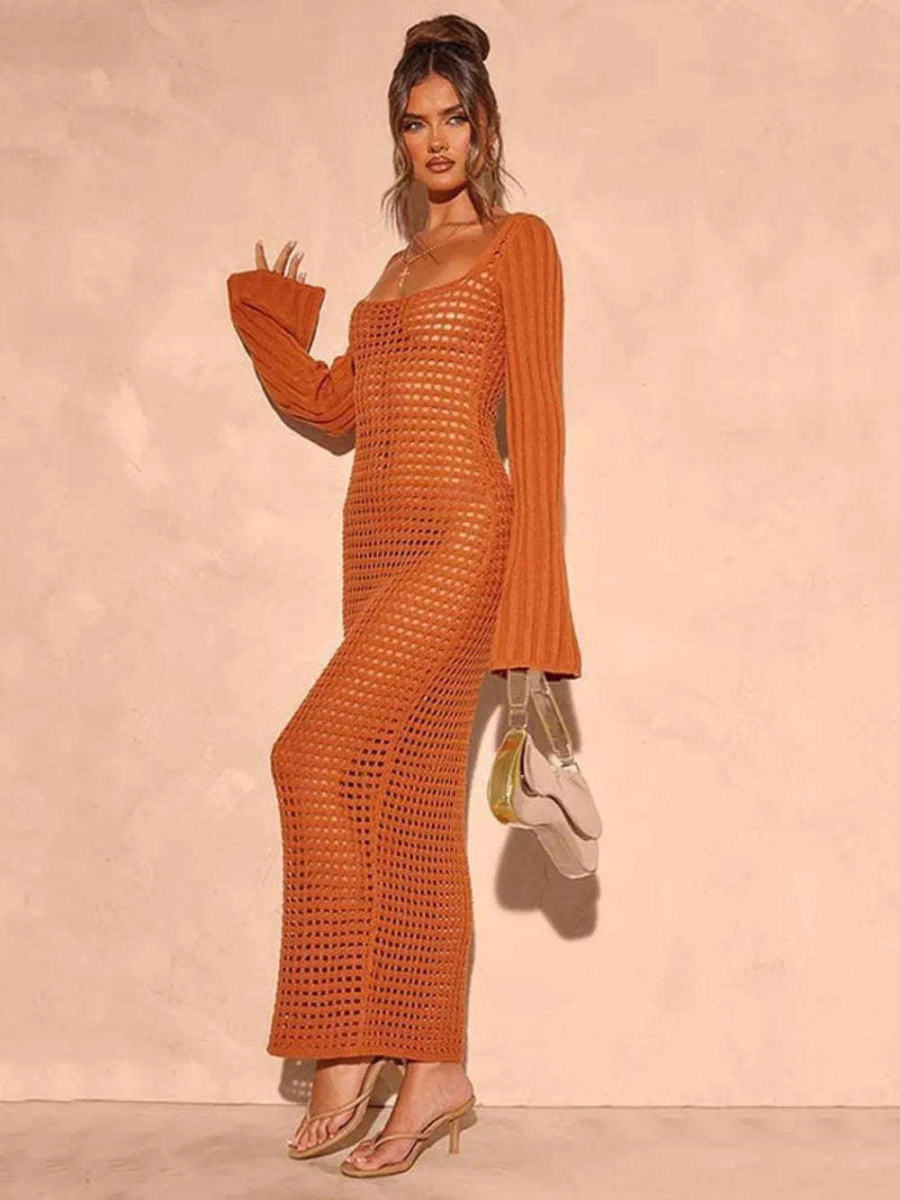 Openwork Square Neck Flare Sleeve Cover-Up Dress - Korvel