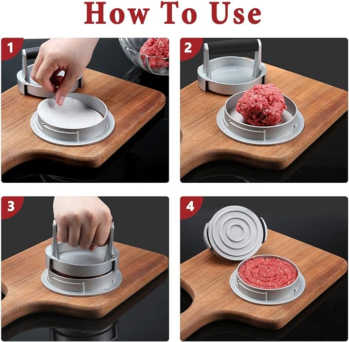 DIY rotary meat patty press three in one adjustable household aluminum alloy hamburger meat press mold manual - Korvel