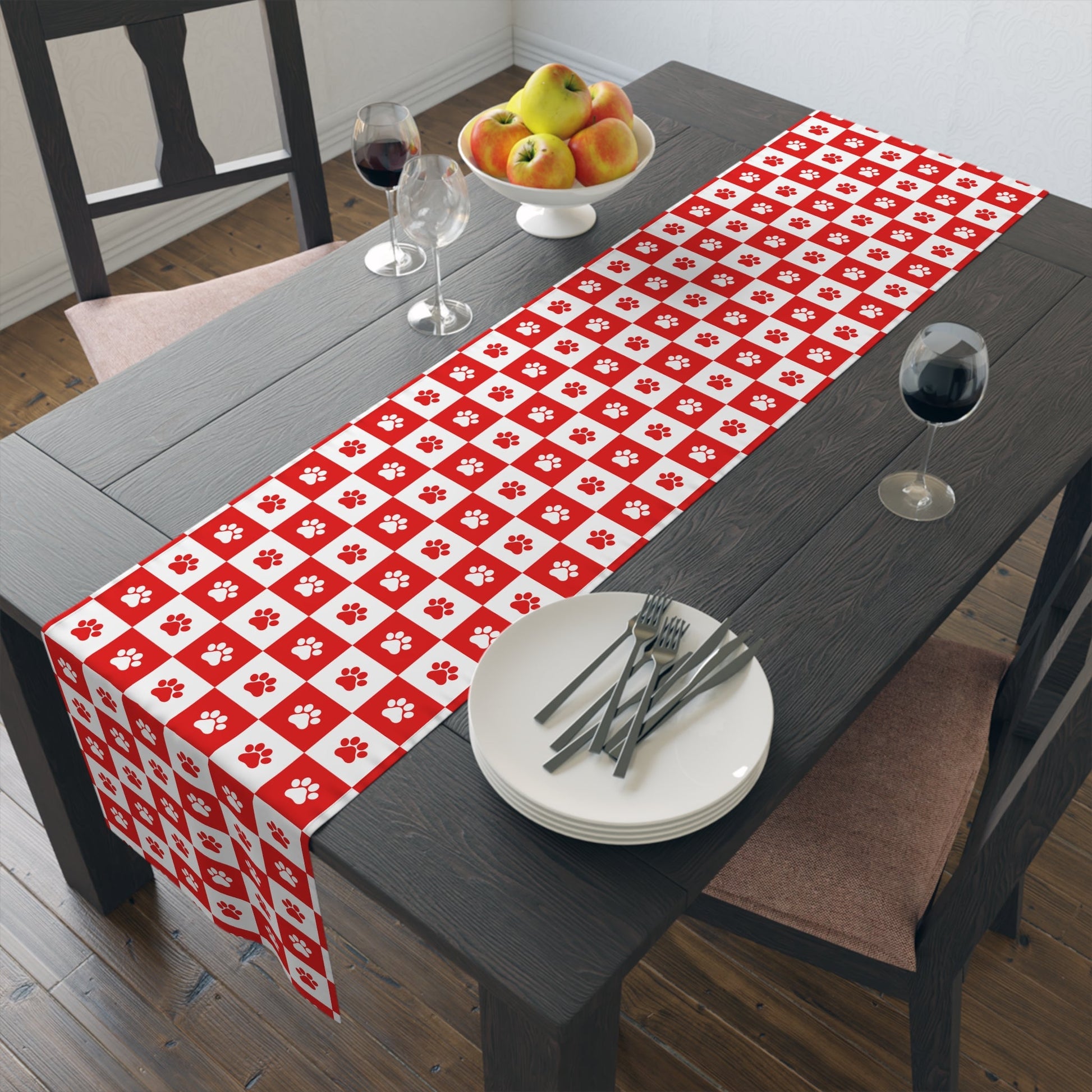 Charming Red & White Paws Table Runner - Cotton & Polyester Options - Korvel