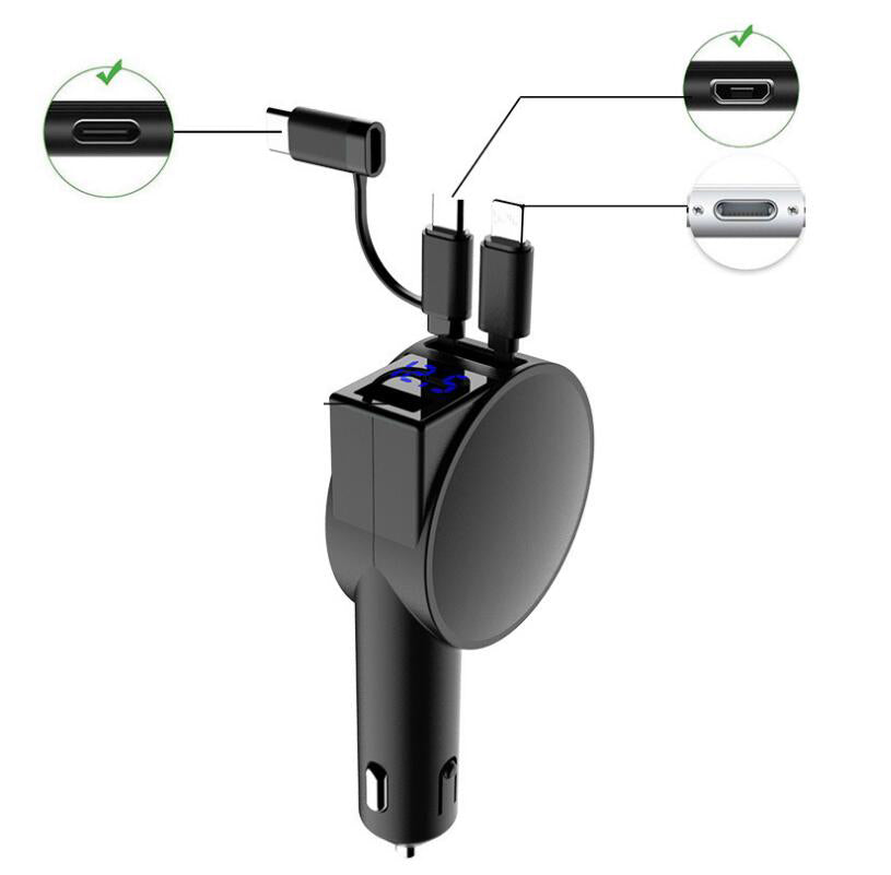 Vogek 3-in-1 Car Charger 60W Super Fast Charging for iPhone Xiaomi Huawei Samsung with Telescopic Charging Cables and Adapters - Korvel