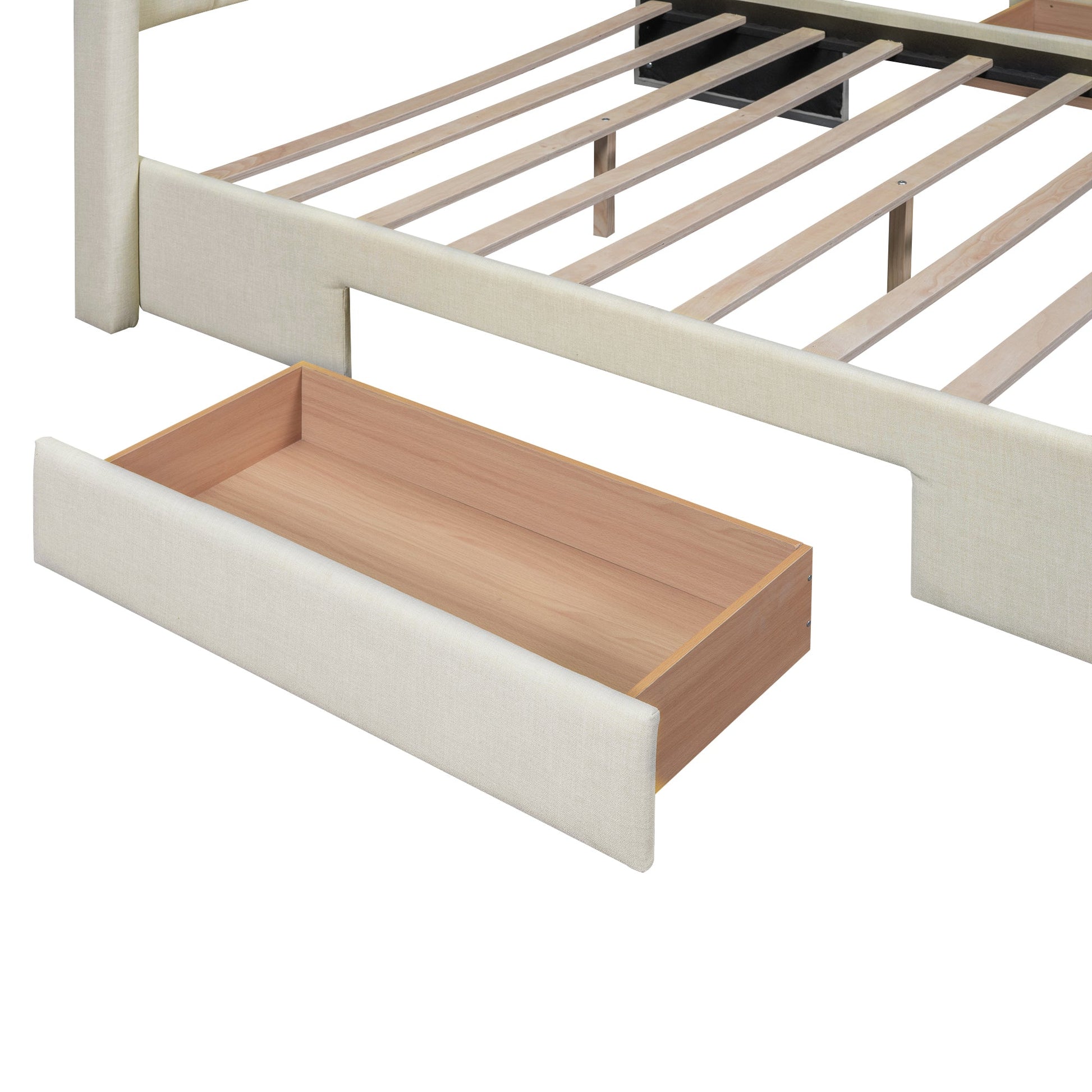 Full Size Upholstered Platform Bed with One Large Drawer in the Footboard and Drawer on Each Side Beige - Korvel