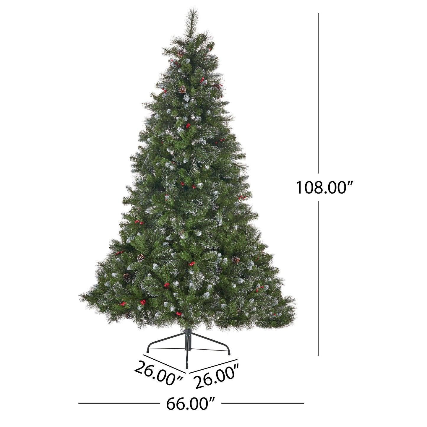 9' Glitter Bristle Mixed Hinged Tree with 72 Red Berry and 73 Pine Cones and 2099 tips,Dia:66 - Korvel