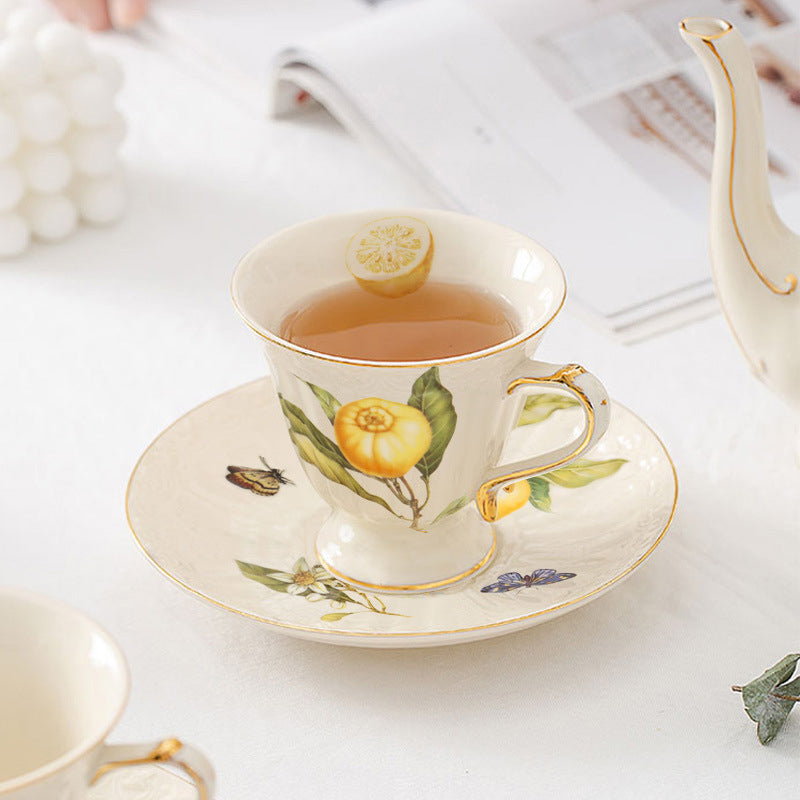 European - style Elegant Lemon Espresso Cups Set: Includes Tea Cups, Saucers, Ceramic Mugs, and a Dessert Plate - Korvel