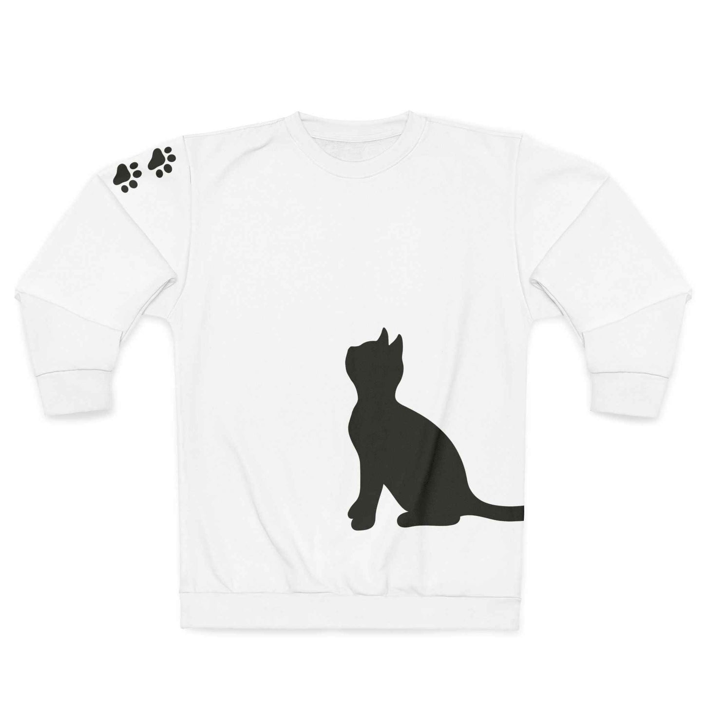 Minimalist Cat Silhouette Crewneck - Dual Black Cats with Paw-Print Sleeve