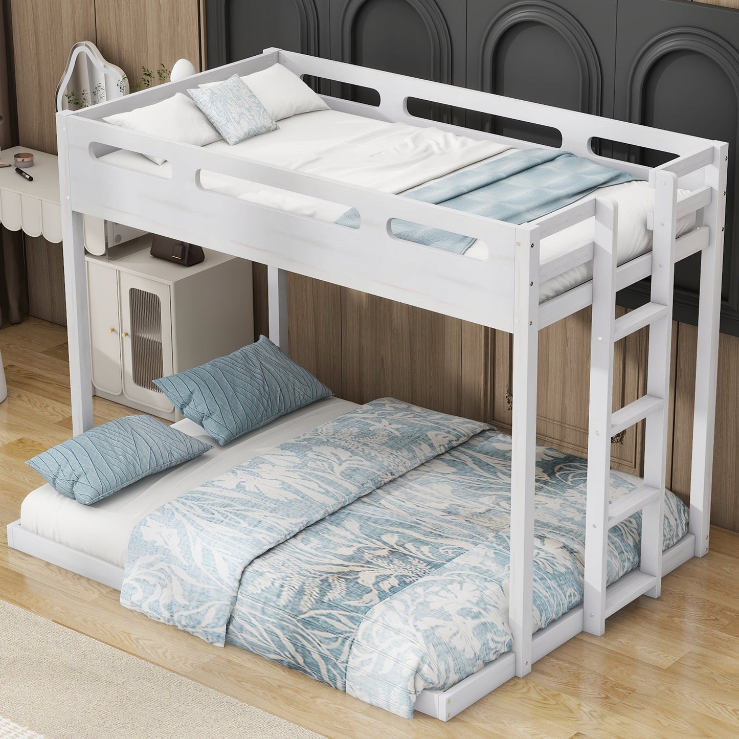 Twin over Full Bunk Bed with Built-in Ladder,White - Korvel