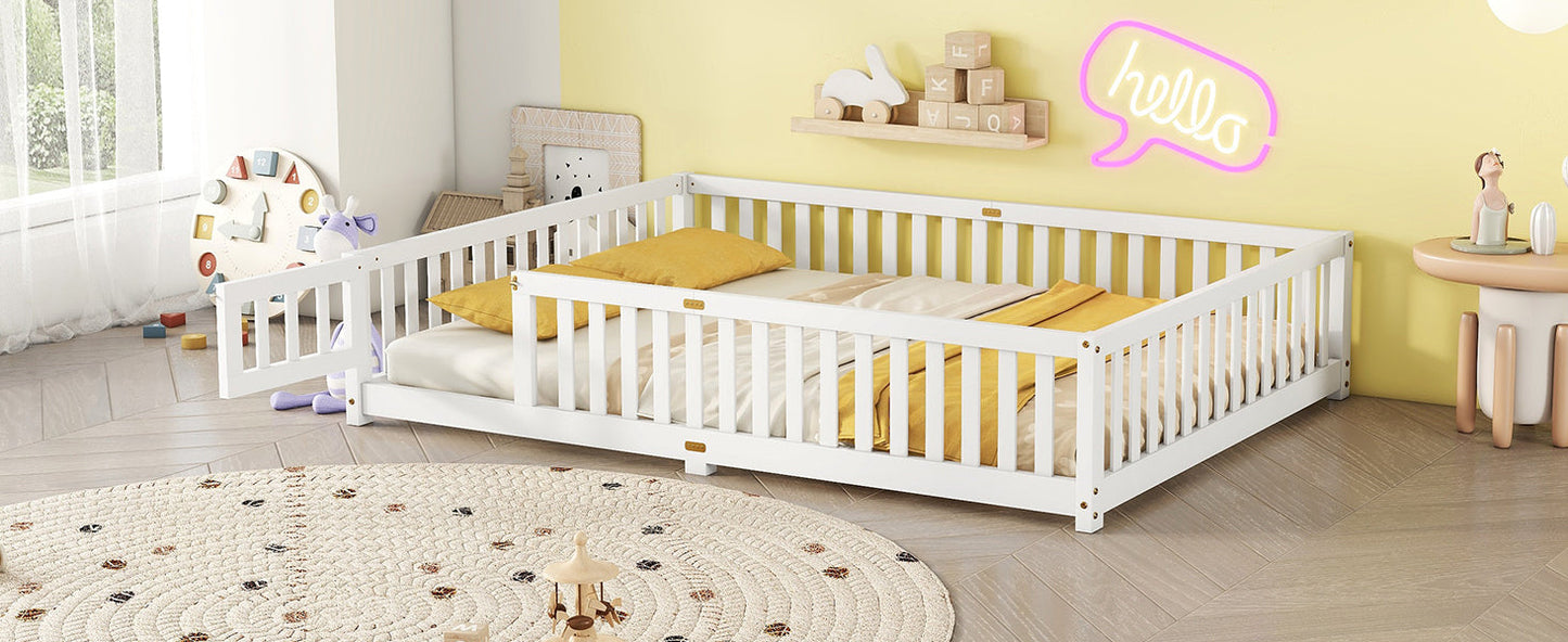 Queen Size Bed Floor Bed with Safety Guardrails and Door for Kids, White - Korvel