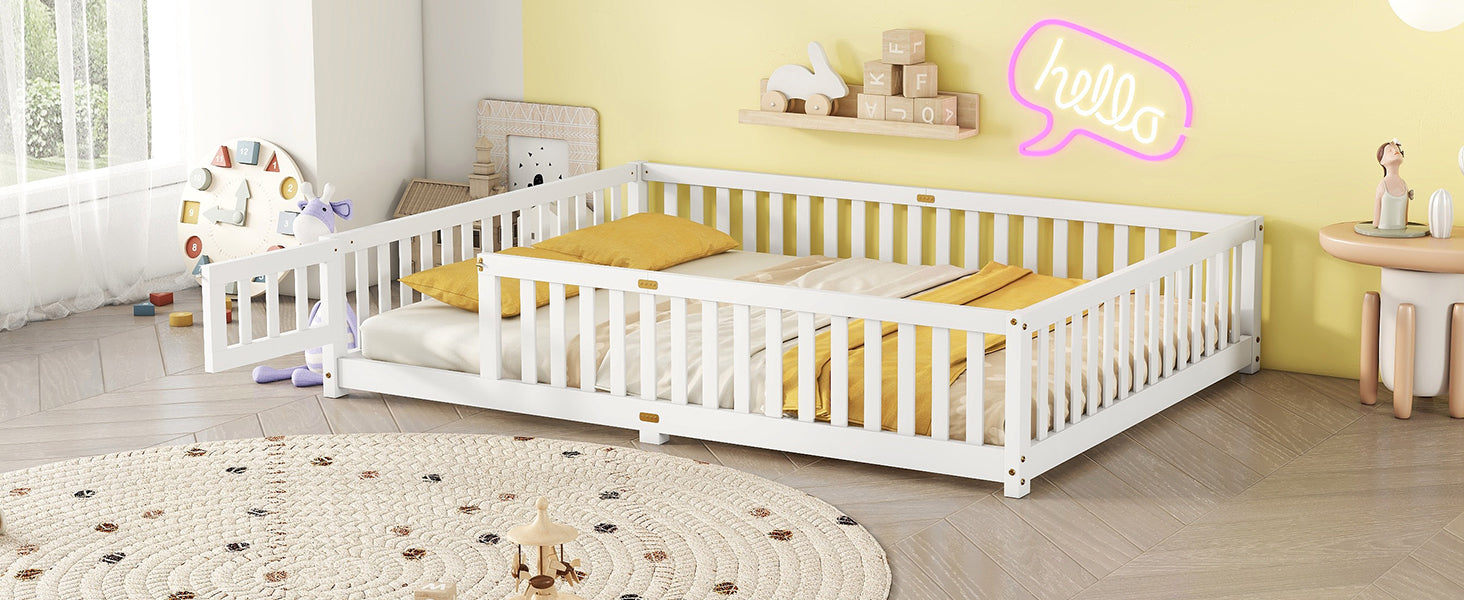 Queen Size Bed Floor Bed with Safety Guardrails and Door for Kids, White - Korvel