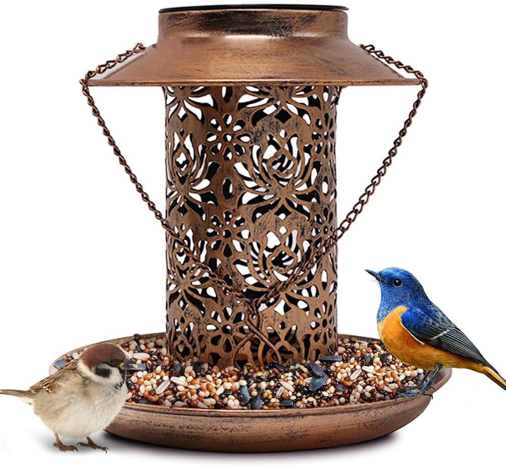 Outdoor solar powered lamp metal hanging bird feeder feeding and watering dual-purpose bird feeder decorative lamp - Korvel