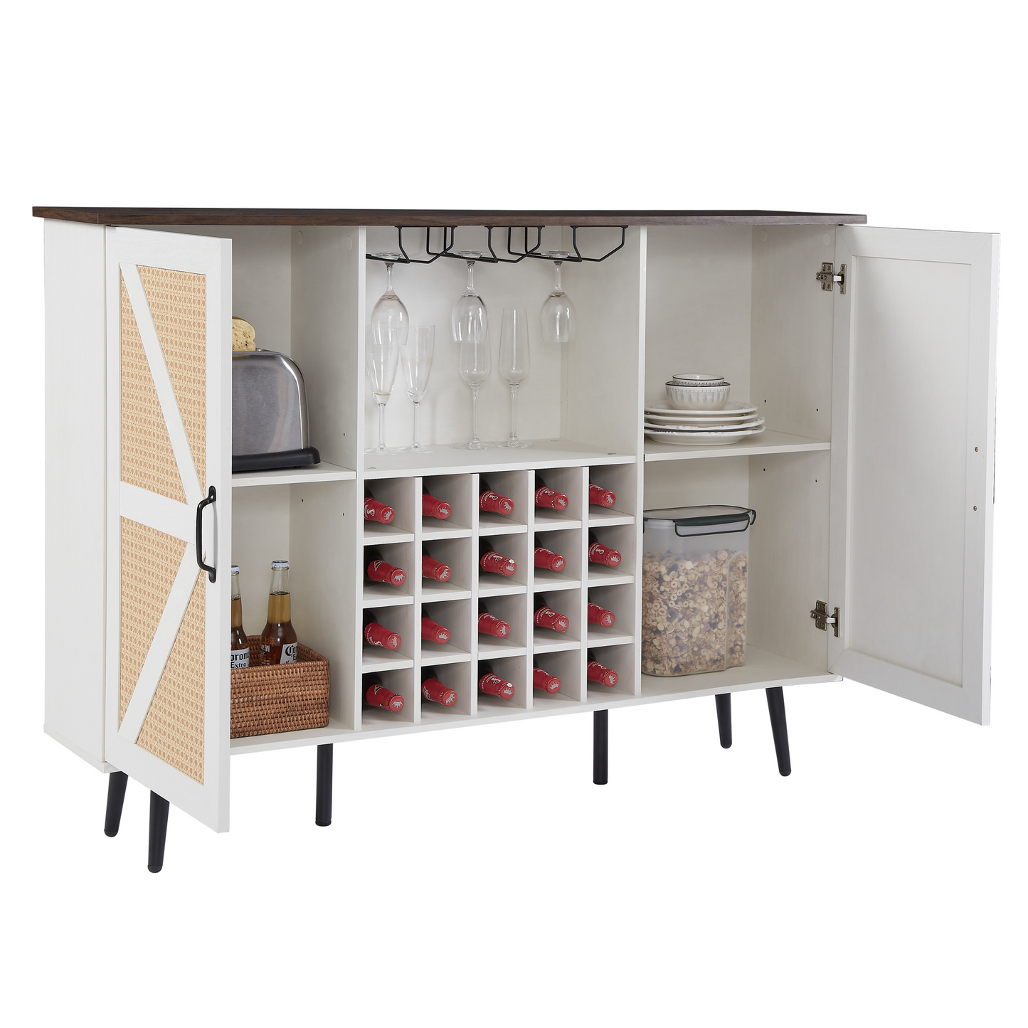 White Faux Rattan Barn Door Wine Cabinet with Wine Rack and Wine Glass Rack, Double Door Design with Removable Shelves - Korvel