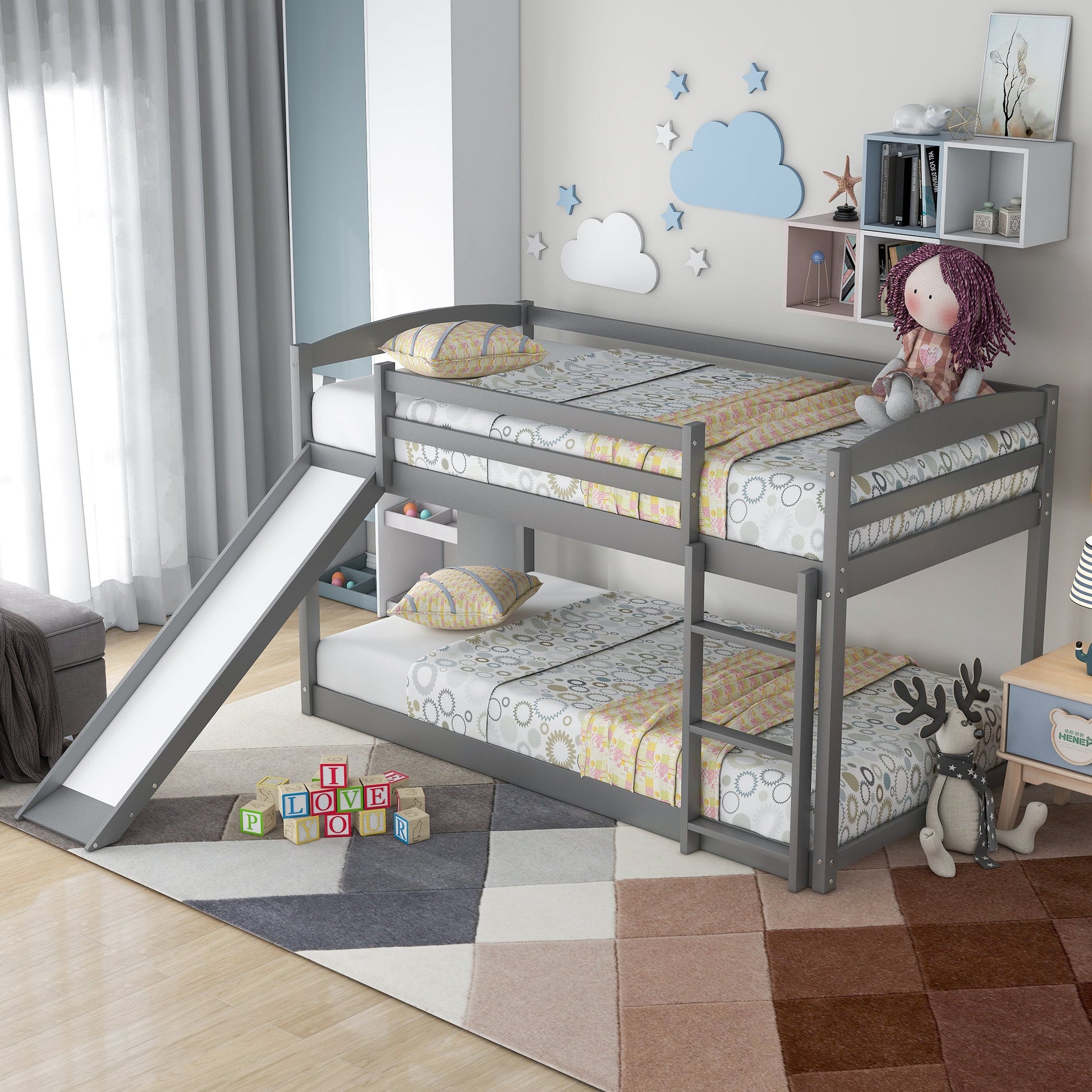 Twin over Twin Bunk Bed with Convertible Slide and Ladder Gray - Korvel