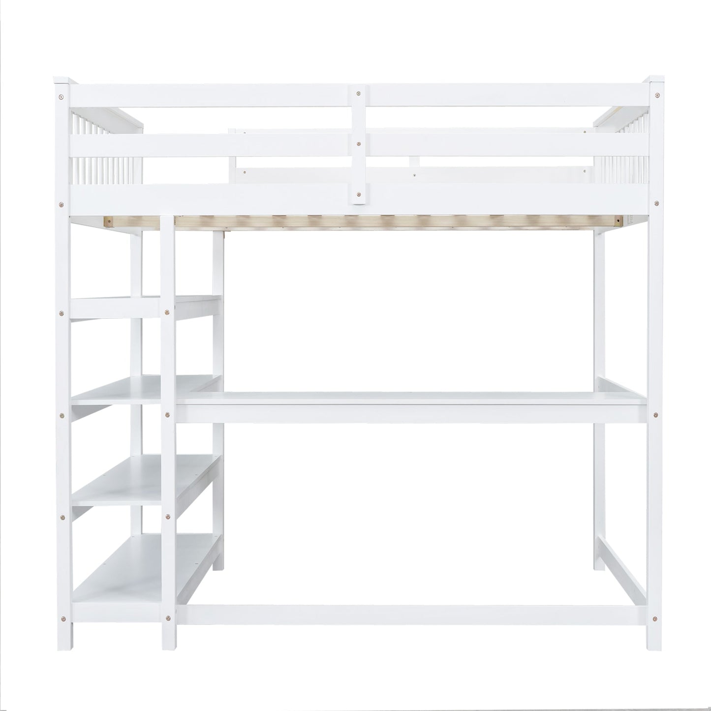 Full Size Loft Bed with Storage Shelves and Under-bed Desk  White - Korvel