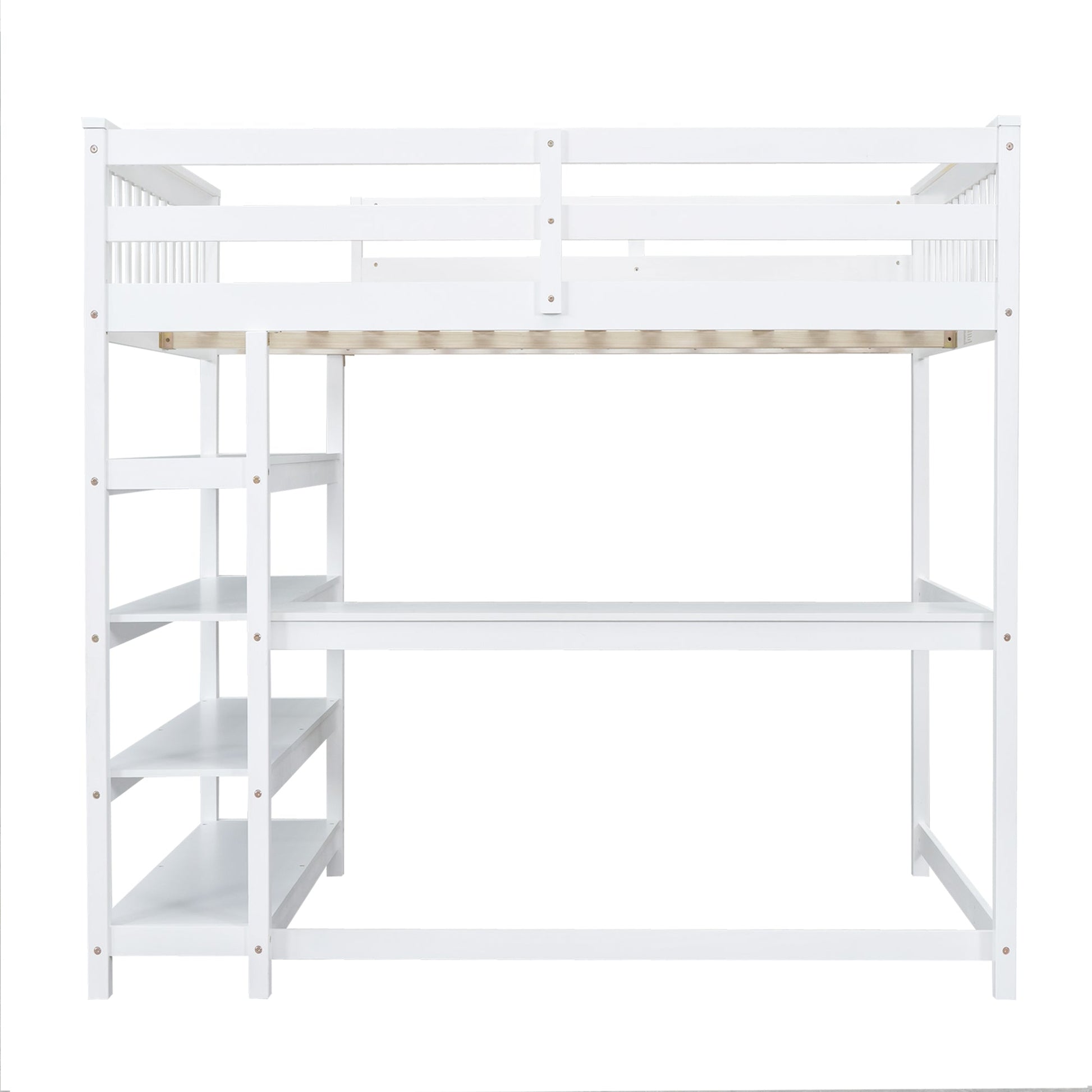 Full Size Loft Bed with Storage Shelves and Under-bed Desk  White - Korvel