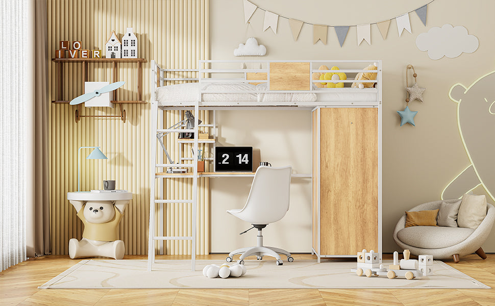 Lit mezzanine taille twin avec bureau en L et armoire - Blanc