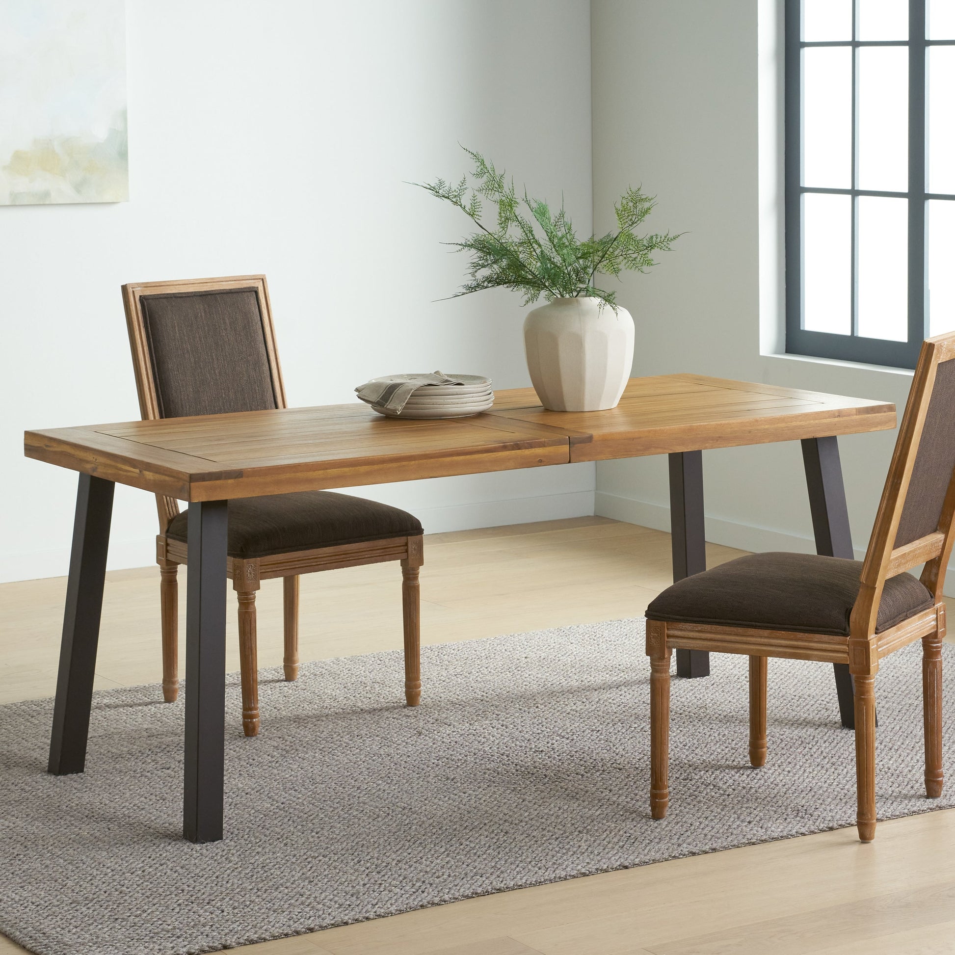 Della Acacia Wood Dining Table, Natural Stained with Rustic Metal, Brown, Grey - Korvel