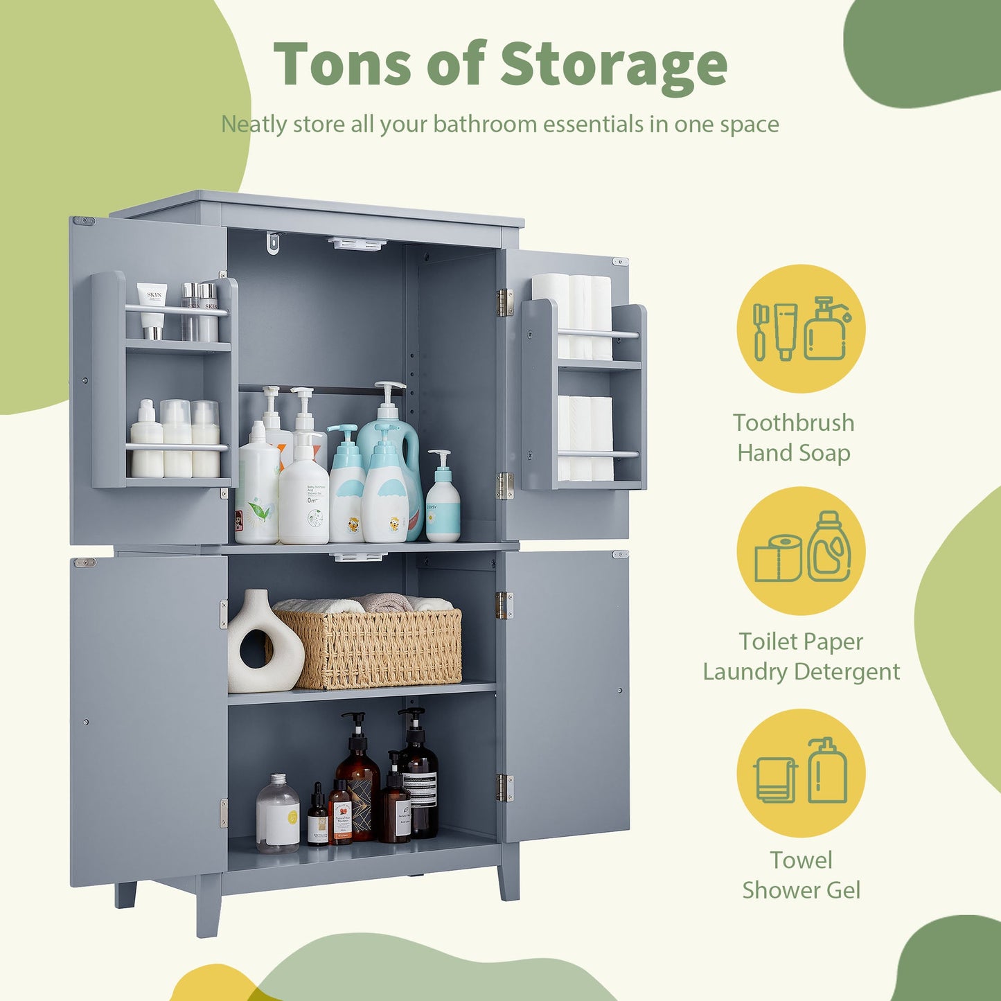 Bathroom floor storage cabinet, bathroom storage cabinet, 4-door independent cabinet, adjustable shelf, adaptive shelf, gray - Korvel