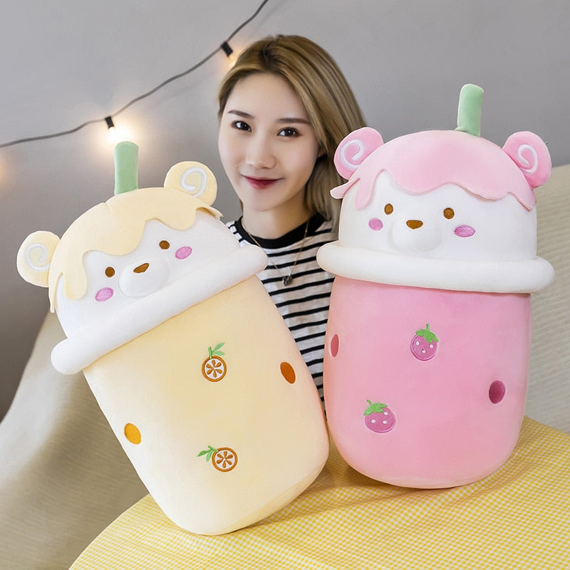 25-40cm Cute Cartoon Teddy Bear Bubble Tea Cup Shaped Pillow Plush Toys Real-life Stuffed Soft Back Cushion Funny Boba Food - Korvel