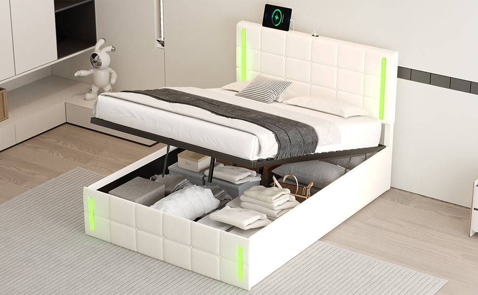 Full Size Upholstered Bed with LED Lights,Hydraulic Storage System and USB Charging Station,White - Korvel