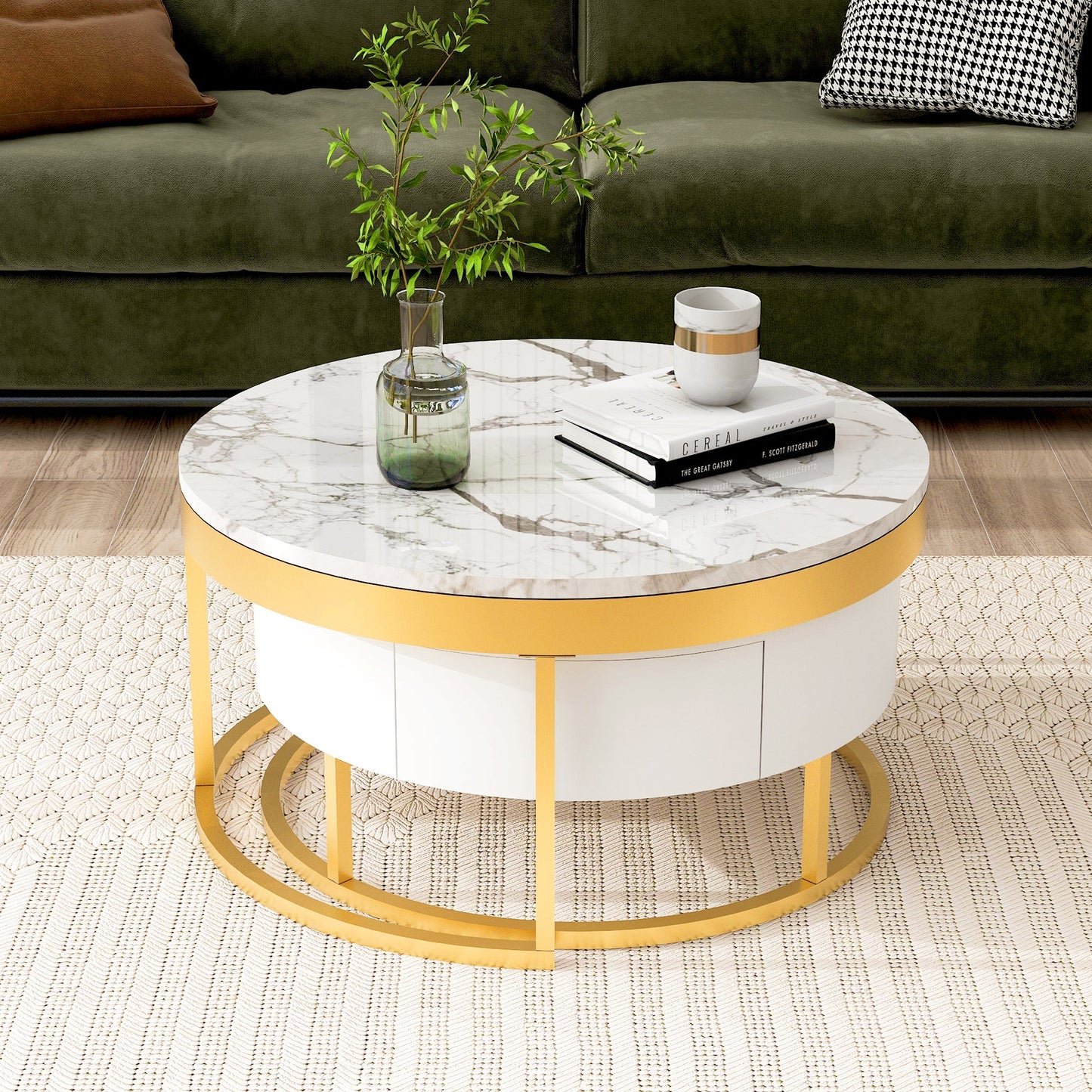 Mesa de café moderna redonda apilable con cajones en blanco