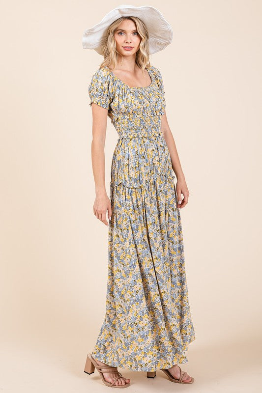 Summer Flower Print Puff Sleeve Maxi Dress