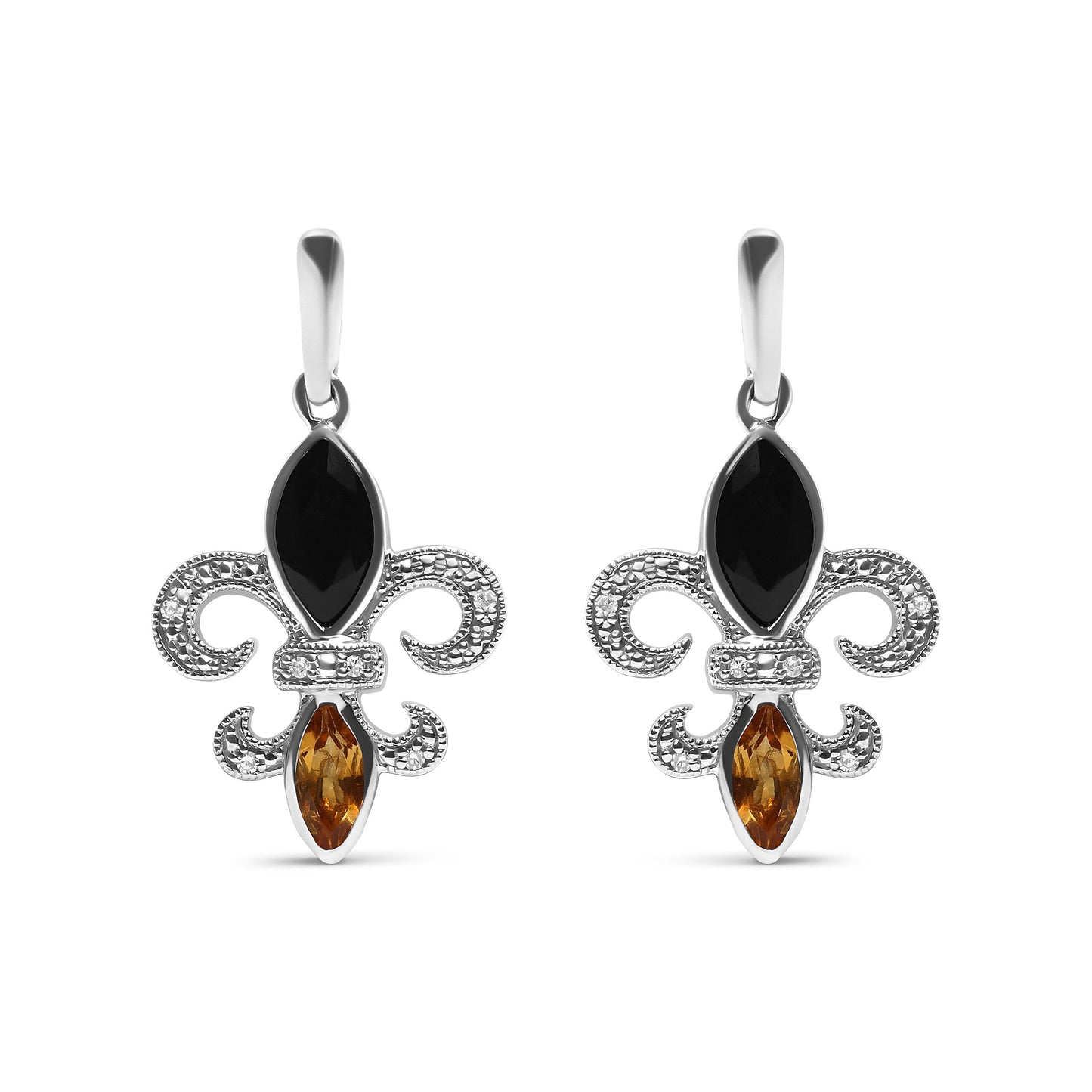 Boucles d'oreilles pendantes en argent sterling .925 avec fleur de lys, onyx et citrine