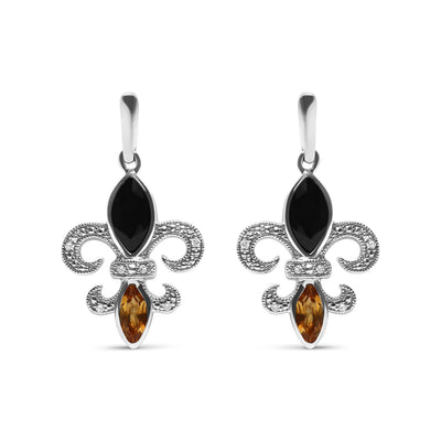 Pendientes Colgantes de Onyx y Citrino en Plata Esterlina .925 con Diseño de Fleur De Lis