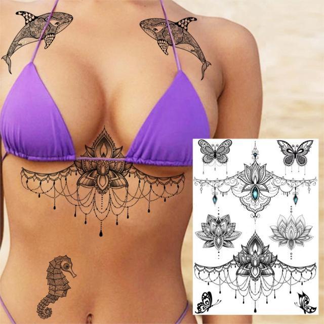 53 Hojas de Tatuajes Temporales de Encaje Negro para Mujeres