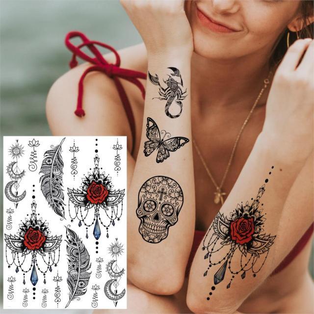 53 Hojas de Tatuajes Temporales de Encaje Negro para Mujeres