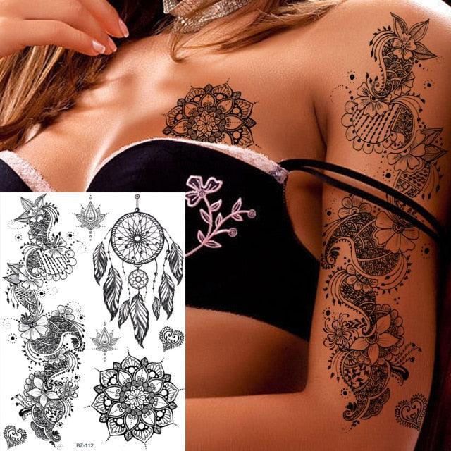 53 Hojas de Tatuajes Temporales de Encaje Negro para Mujeres