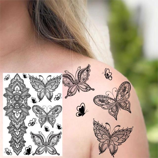 53 Hojas de Tatuajes Temporales de Encaje Negro para Mujeres