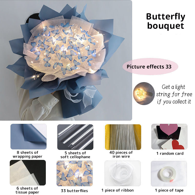 New DIY Butterfly Bouquets Handmade Butterfly Flower Material Package Bouquet with Light String Wedding Decor Gift for Girlfrien - Korvel