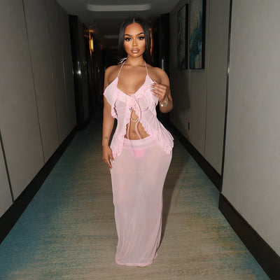 Sexy Transparent Set with Belted Sleeveless Cardigan and Fashionable Long Skirt Two-Piece Set for Women - Korvel