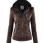 Women's Detachable Lapel Long Sleeve Solid Color Zipper Leather Jacket Coat - Korvel