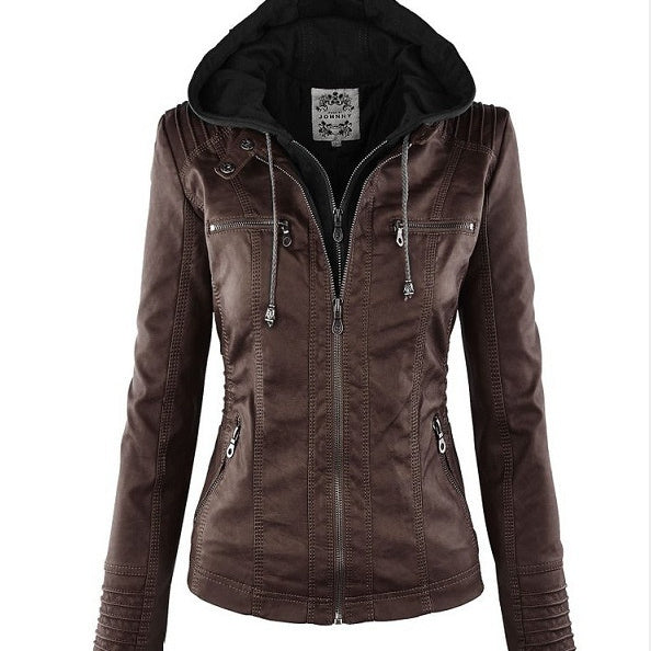Women's Detachable Lapel Long Sleeve Solid Color Zipper Leather Jacket Coat - Korvel
