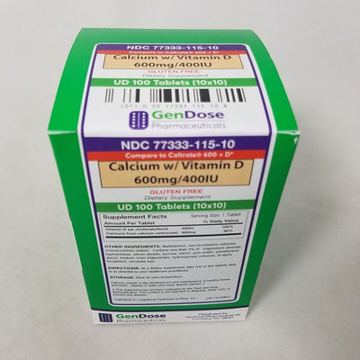Gendose Calcium Vitamin D 600mg 400IU Tablets - 100 Count
