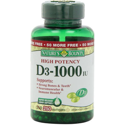 Nature's Bounty Vitamine D3, 25 Mcg (1000 UI), 250 Gélules Molles