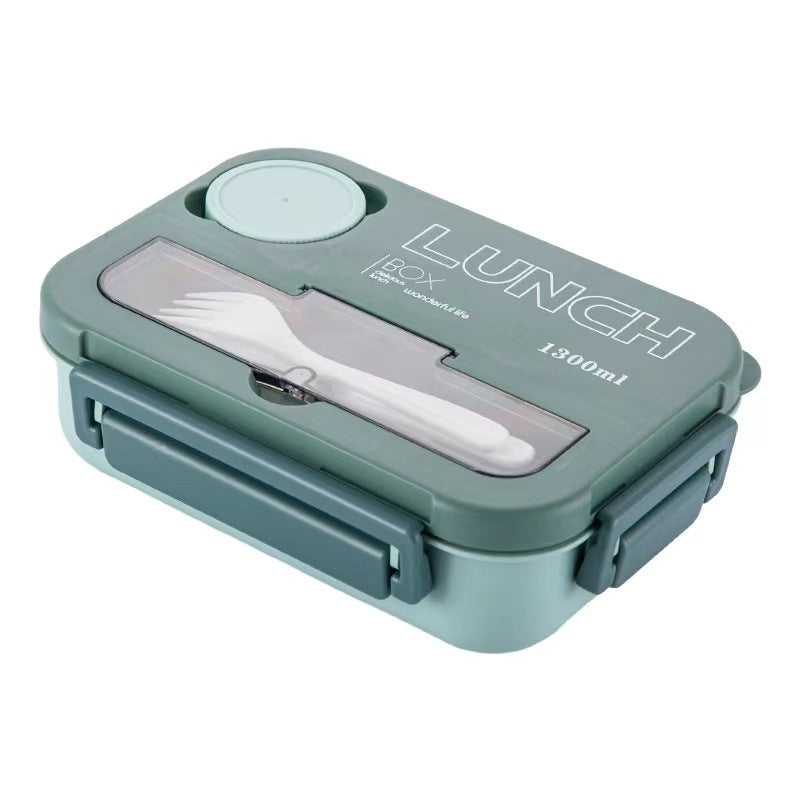Microwaveable sealed lunch box with compartments and sauce box with cutlery - Korvel