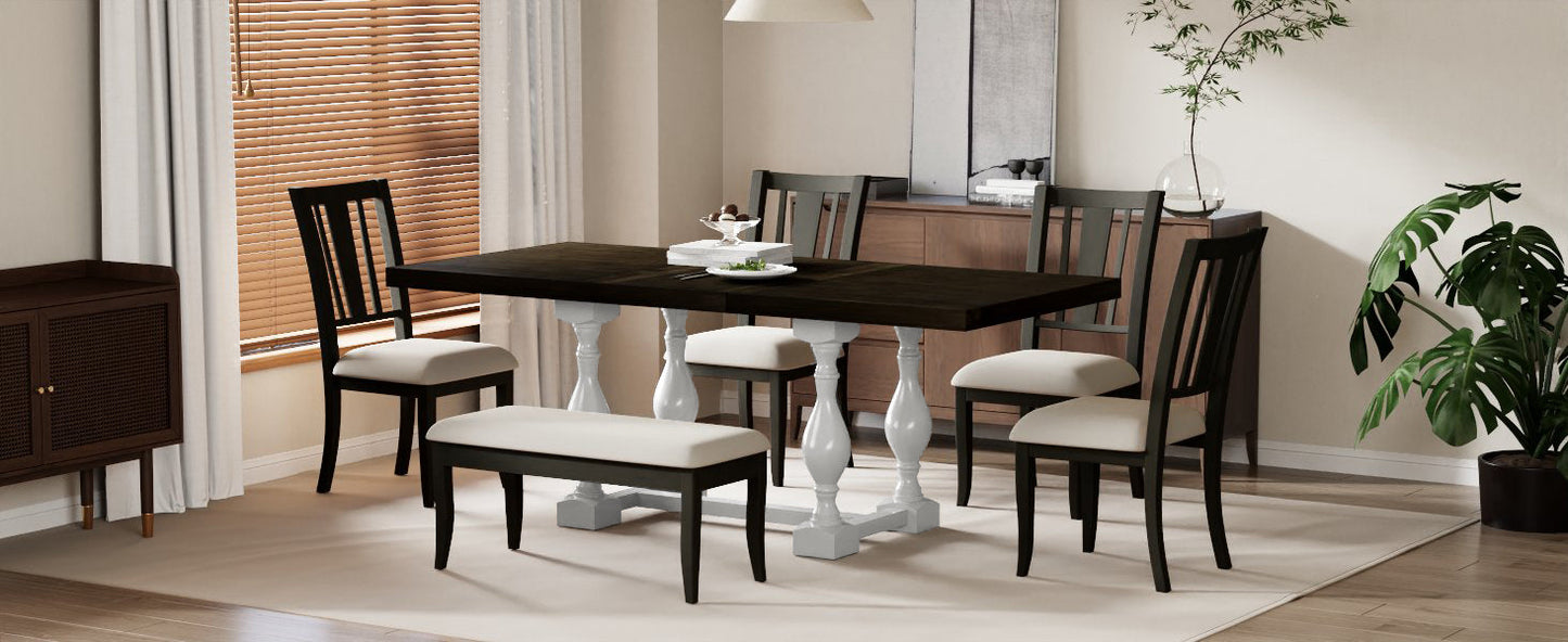 Traditional 6-Piece 78inch Trestle Extendable Dining Table Set with One 18inch Removable Leaf Distressed White - Korvel