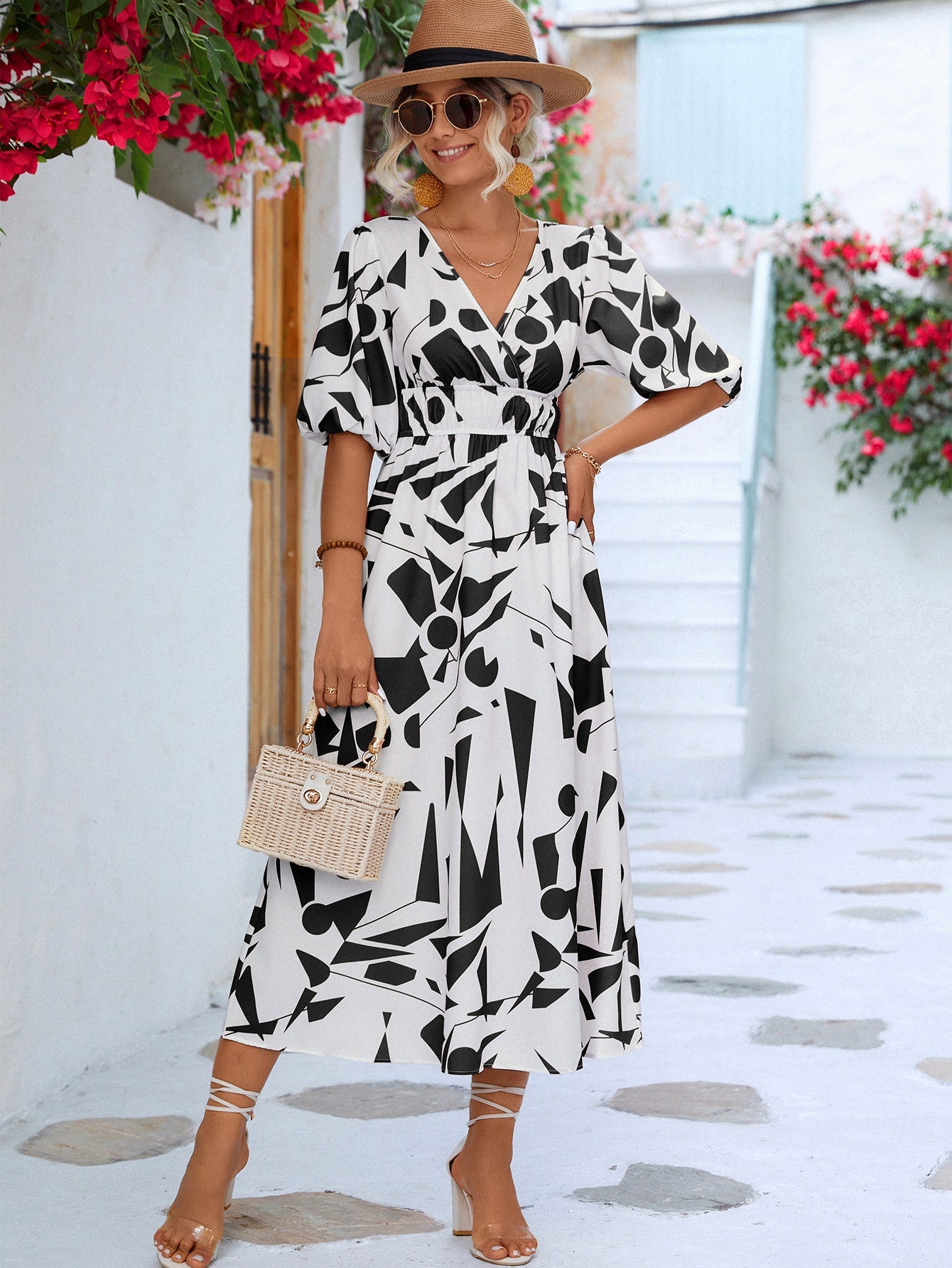 Chic Black and White Balloon Sleeve Dress for Effortless Summer Elegance - Korvel