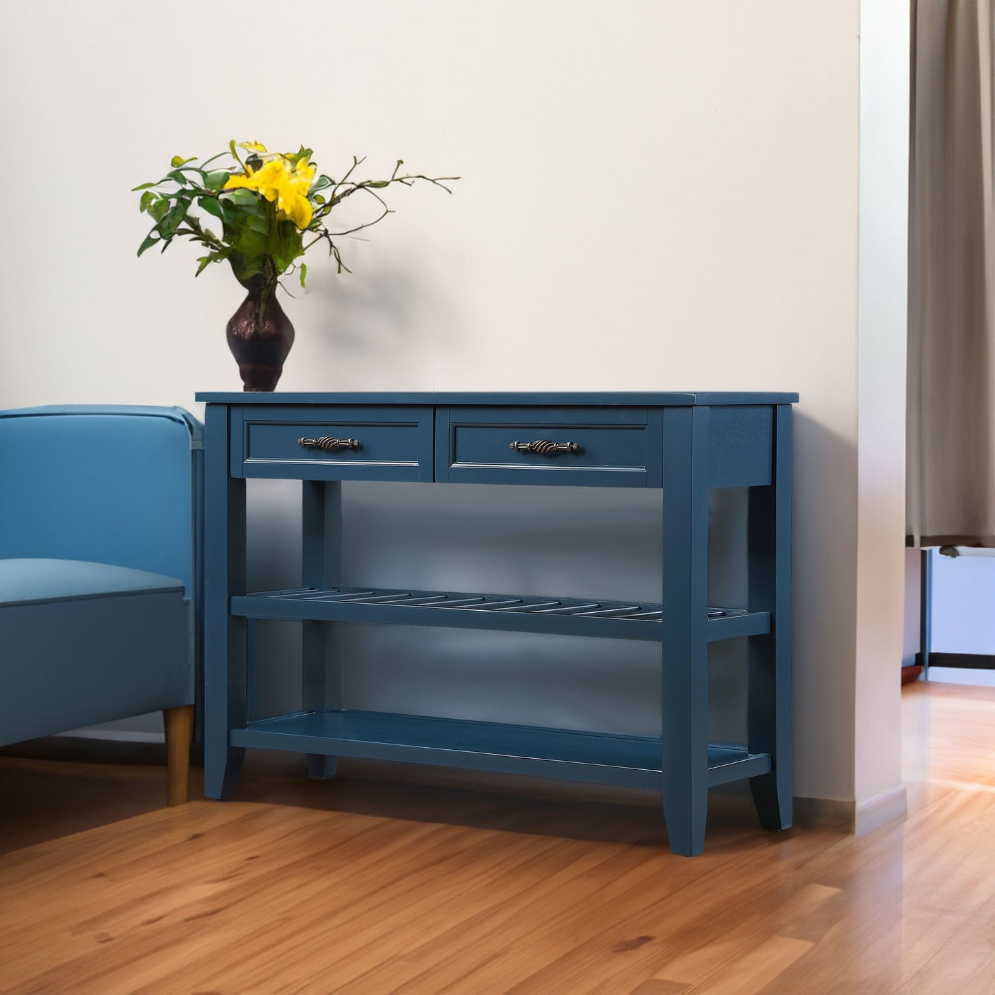 Mesa Consola Sofá de Estilo Mid-Century con Cajones de Almacenamiento - Azul Marino