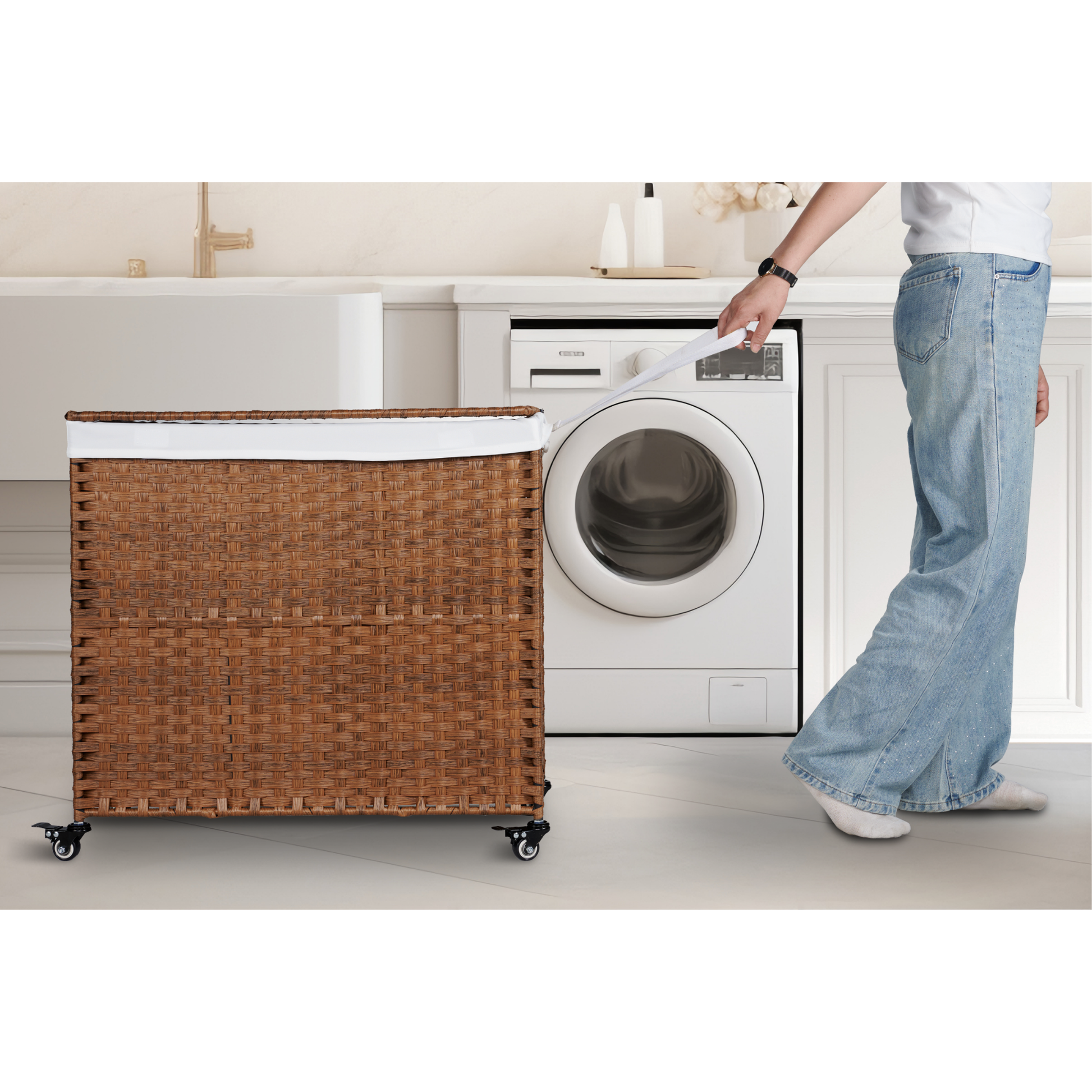 Laundry Hamper With Lid PE Rattan Powder Coating Frame Clothes Hampers with 02 Removable Bags, Wheels, 160L, Brown Color - Korvel