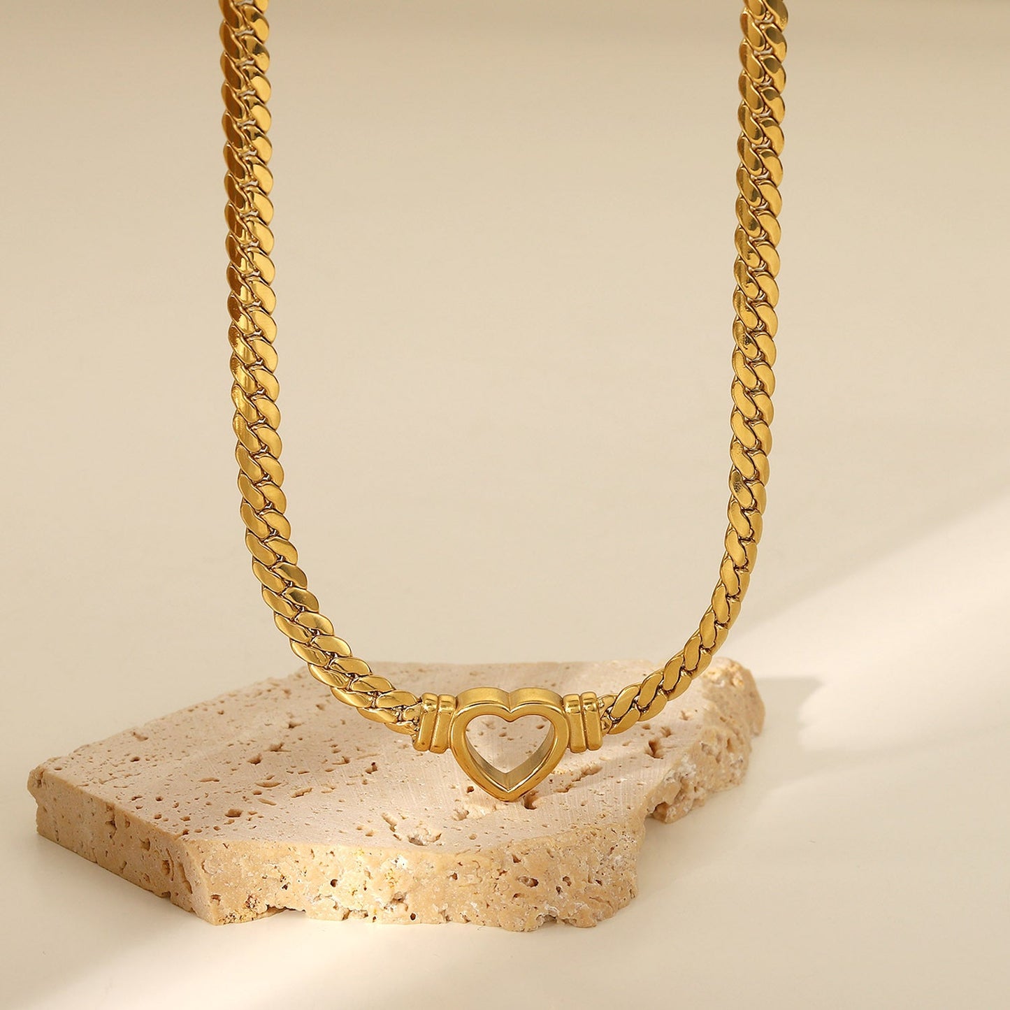 Stainless steel Cuban chain heart-shaped necklace with hollowed out flat snake chain heart pendant necklace for women - Korvel