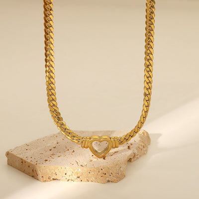 Stainless steel Cuban chain heart-shaped necklace with hollowed out flat snake chain heart pendant necklace for women - Korvel
