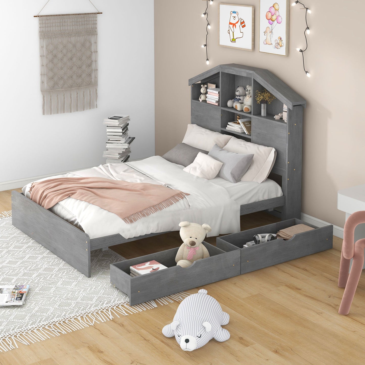 Full Size Wood Platform Bed with Storage Headboard - Gray
